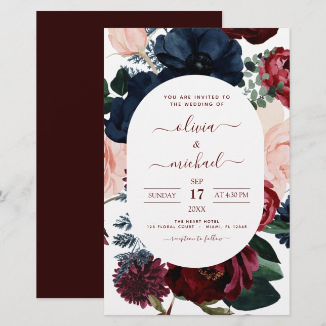 Budget Burgundy Navy Blue Floral Wedding (Vorne/Hinten)