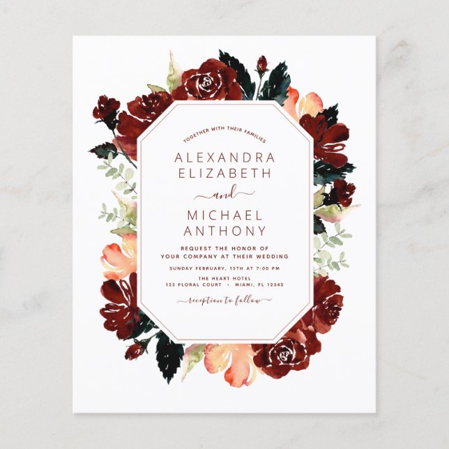 Budget Burgundy Navy Blue Floral Wedding Elegant Flyer (Vorne)