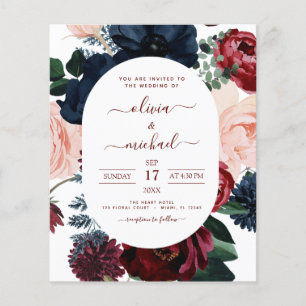 Budget Burgundy Navy Blue Floral Wedding Flyer