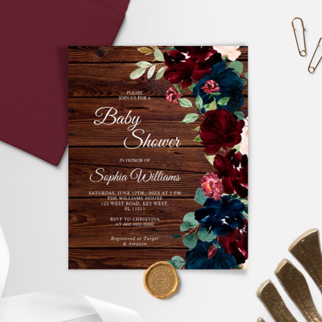 Budget Burgundy & Navy Wood Baby Shower Invitation (Von Creator hochgeladen)