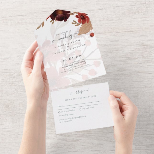 Budget Burgundy Orange Fall Floral Wedding All In One Einladung (Abreißen)