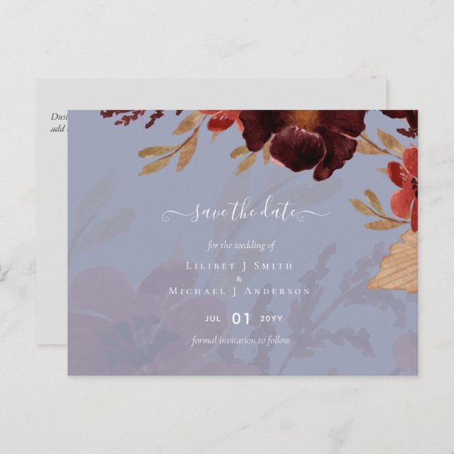 Budget Burgundy Orange Fall Floral Wedding Postkarte (Vorne/Hinten)
