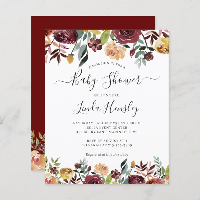 Budget Burgundy Red Floral Baby Shower Einladungen (Vorne/Hinten)