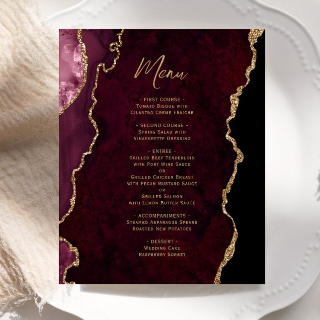 Budget Burgundy Red Gold Agate Wedding Menü (Von Creator hochgeladen)