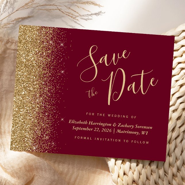 Budget Burgundy Red Gold Glitzer Save the Date (Von Creator hochgeladen)