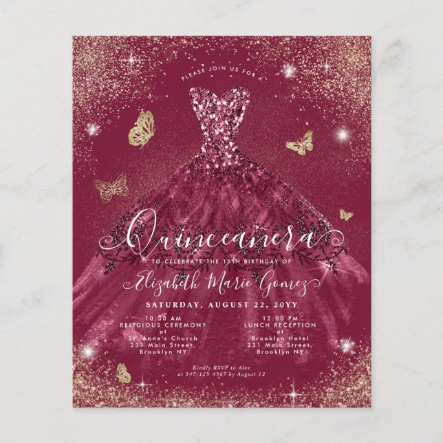 Budget Burgundy Red Gold Gown Quinceanera Einladun (Vorderseite)