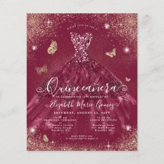 Budget Burgundy Red Gold Gown Quinceanera Einladun
