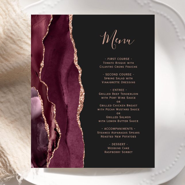 Budget Burgundy Rose Gold Agate Dark Wedding Menü (Von Creator hochgeladen)
