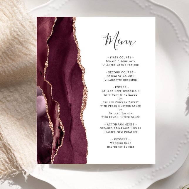 Budget Burgundy Rose Gold Agate Wedding Menü (Von Creator hochgeladen)