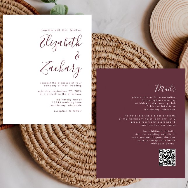 Budget Burgundy Script QR Code Einladung Hochzeit (Von Creator hochgeladen)