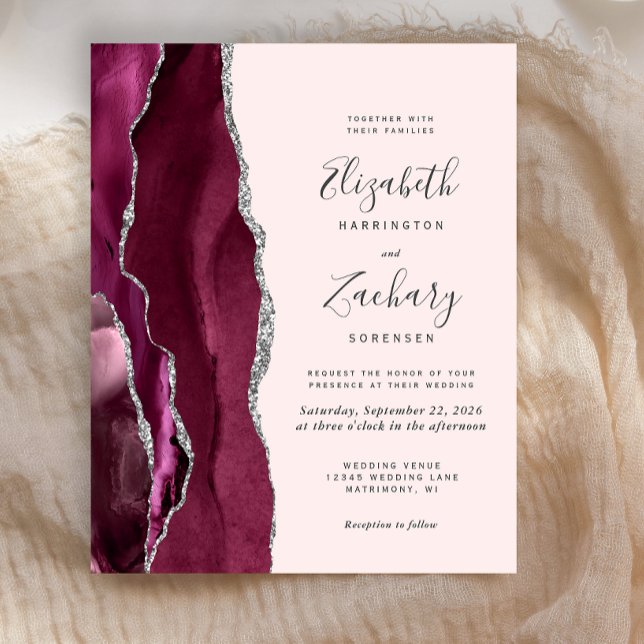 Budget Burgundy Silver Agate Blush Wedding Invite (Von Creator hochgeladen)