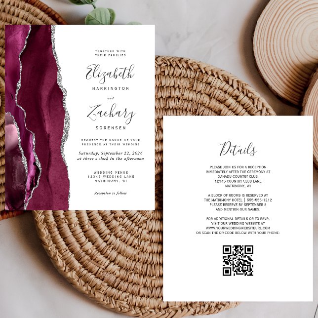 Budget Burgundy Silver Agate QR Code Hochzeit (Von Creator hochgeladen)