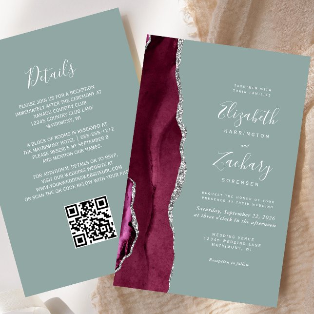 Budget Burgundy Silver Agate Sage QR Code Hochzeit (Von Creator hochgeladen)