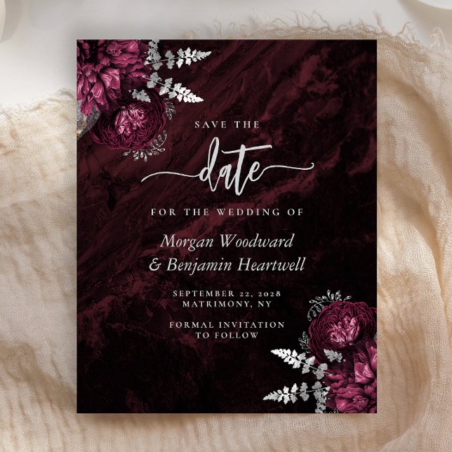 Budget Burgundy Silver Floral Save the Date (Von Creator hochgeladen)