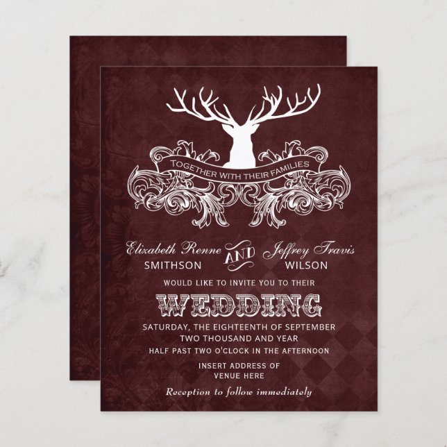 Budget Burgundy Stag Wedding Einladung (Vorne/Hinten)