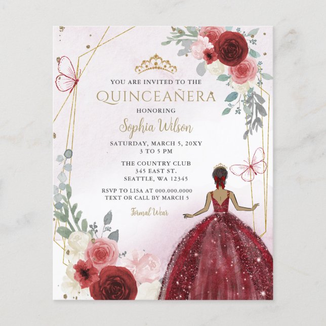 Budget Burgundy Tan Princess Quinceañera Einladung (Vorderseite)