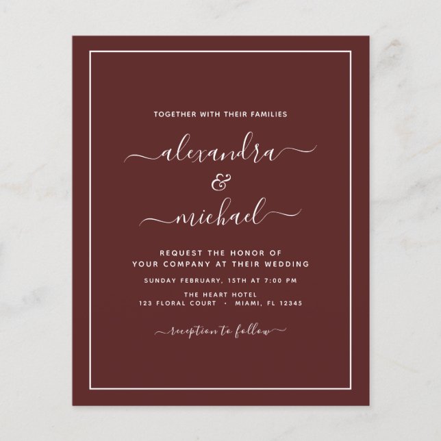 Budget Burgundy Wedding Modern Typografy Flyer (Vorne)