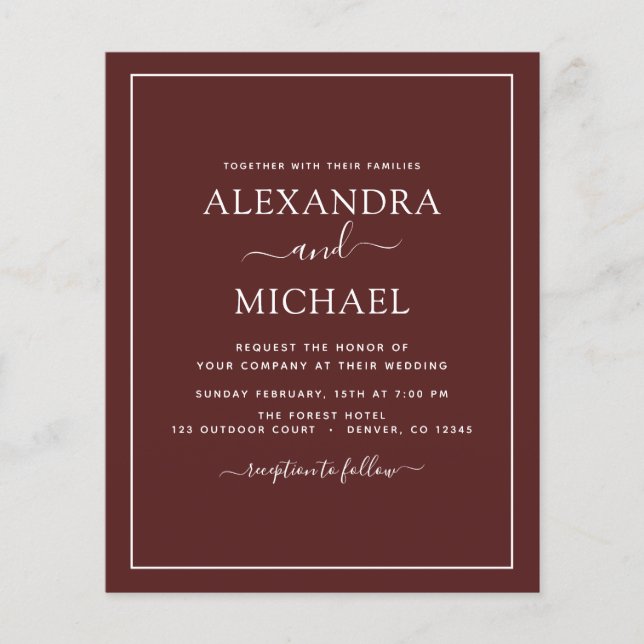 Budget Burgundy Wedding Modern Typografy Flyer (Vorne)