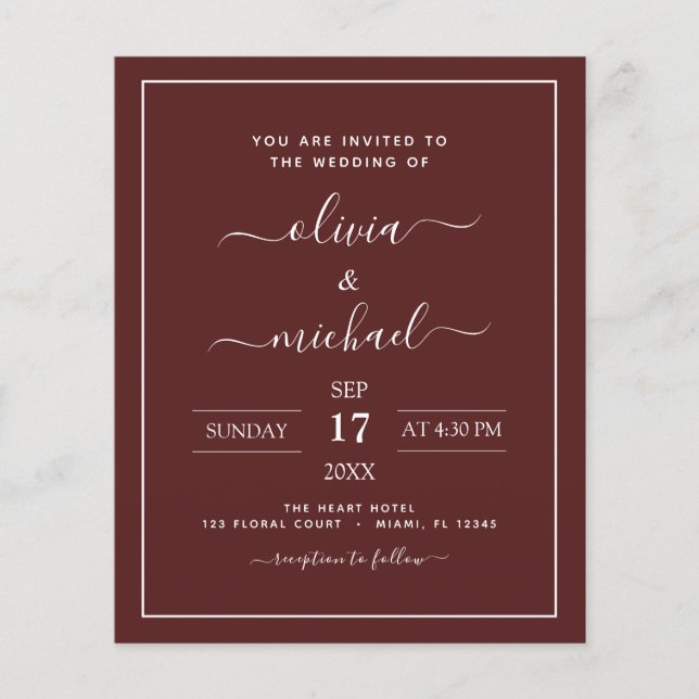 Budget Burgundy Wedding Modern Typografy Flyer (Vorne)