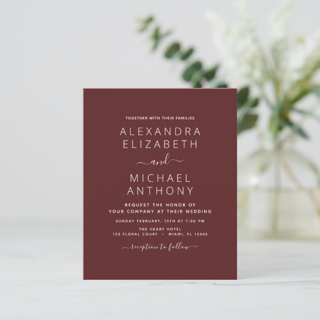 Budget Burgundy Wedding Moderne Typografie (Stehend Vorderseite)