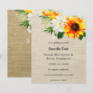 Budget Burlap Sunflower & Whi Floral Save the Date