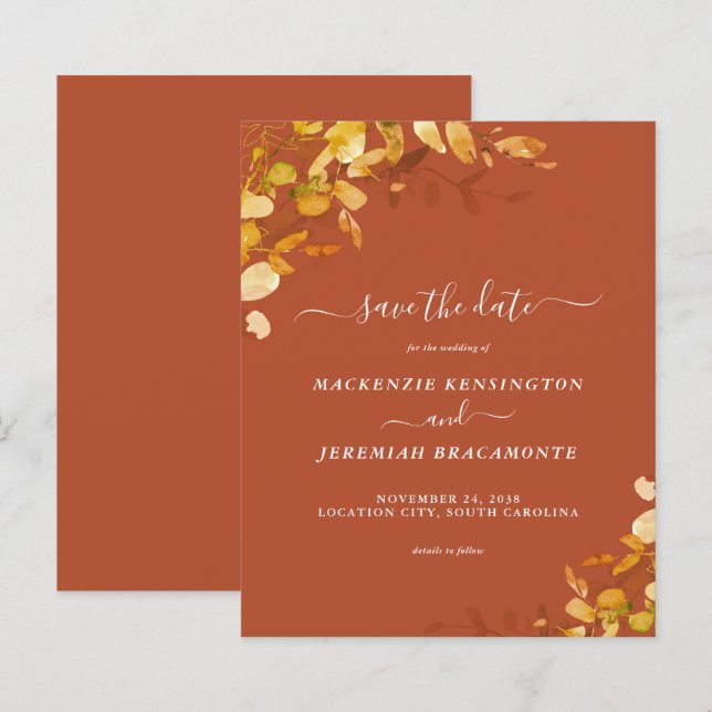 Budget Burnt Orange Botanical Save the Date (Vorne/Hinten)