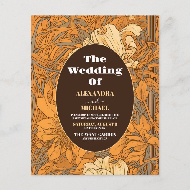 Budget Burnt Orange Floral Art Nouveau Hochzeit (Vorderseite)