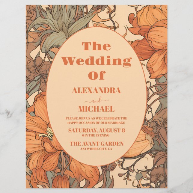 Budget Burnt Orange Floral Art Nouveau Hochzeit Flyer (Vorne)