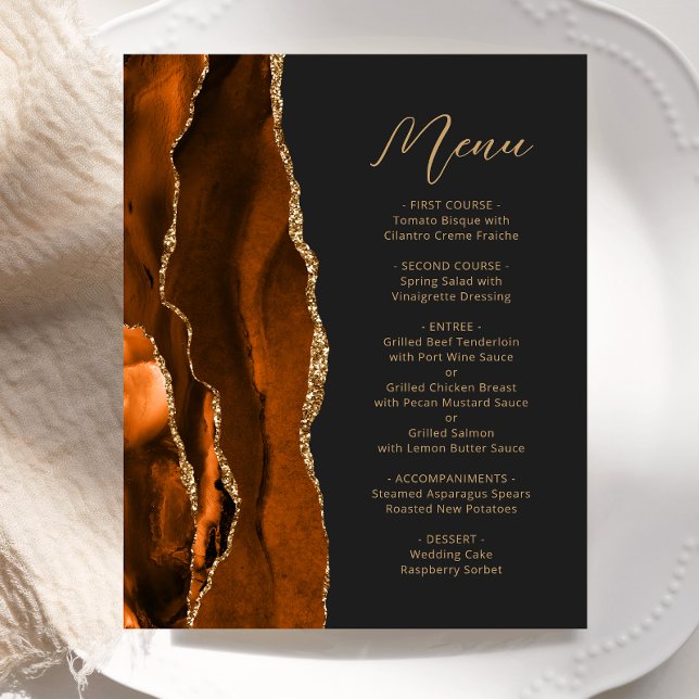 Budget Burnt Orange Gold Agate Dark Wedding Menü (Von Creator hochgeladen)