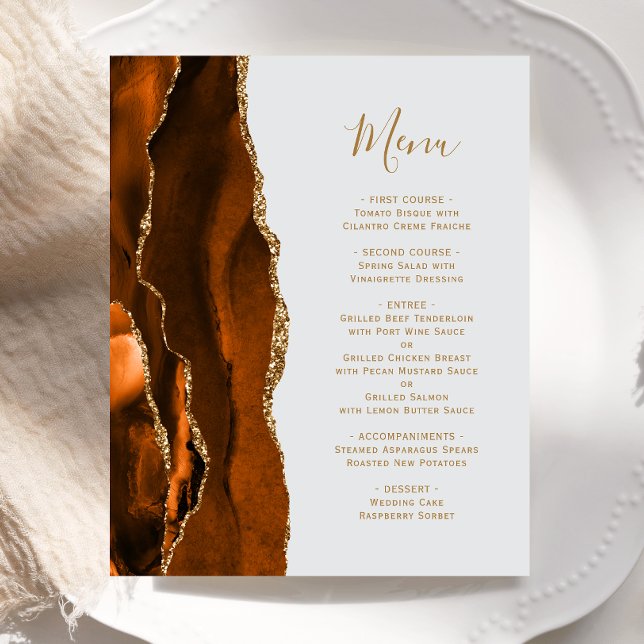 Budget Burnt Orange Gold Agate Gray Wedding Menü (Von Creator hochgeladen)