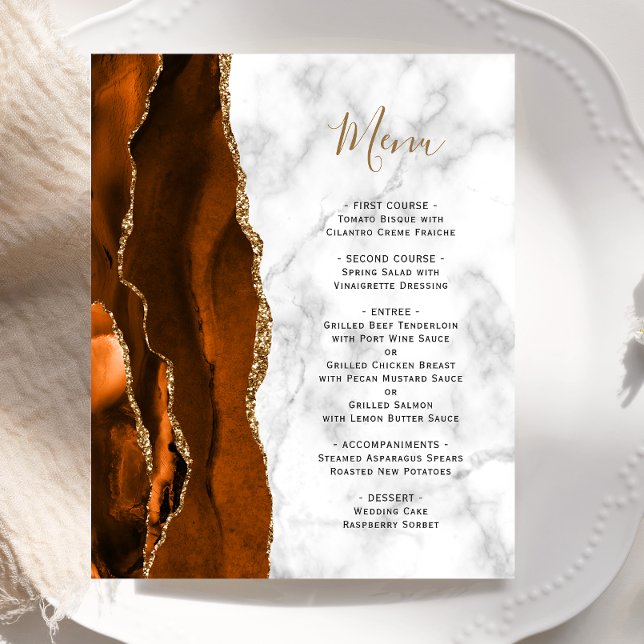 Budget Burnt Orange Gold Agate Marble Wedding Menu (Von Creator hochgeladen)