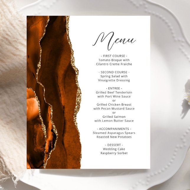 Budget Burnt Orange Gold Agate Skript Hochzeitsmen (Von Creator hochgeladen)