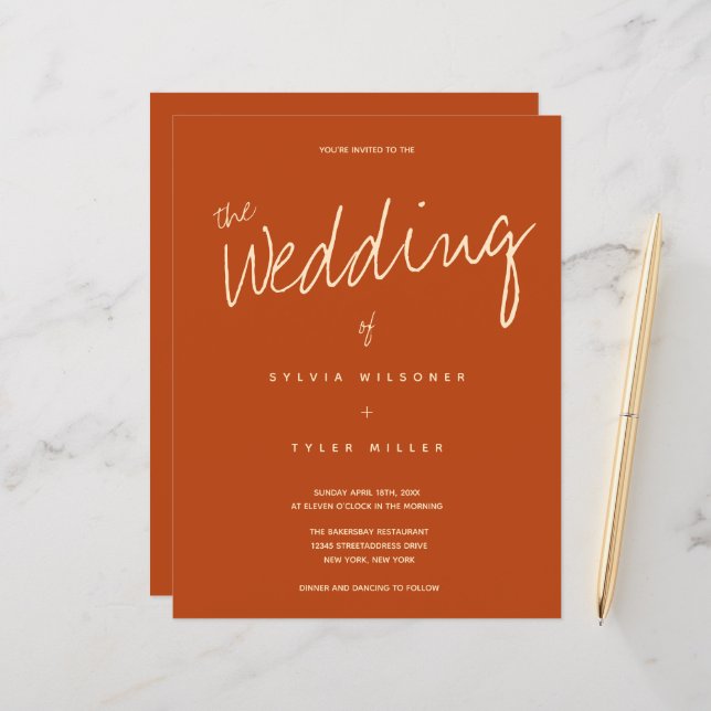 Budget Burnt Orange Typografie Einladung Hochzeit (Vorderseite/Rückseite Beispiel)