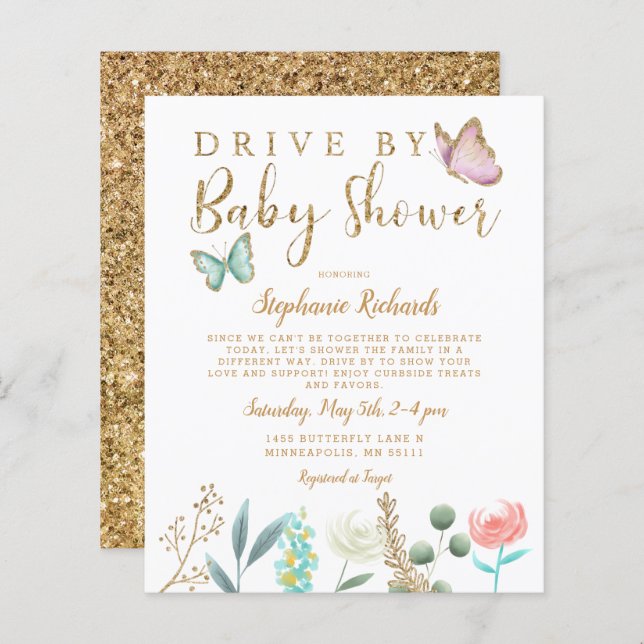Budget Butterfly Drive by Baby Shower Invititition (Vorne/Hinten)