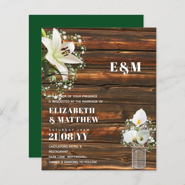 BUDGET Calla Lilies Chic Shabby Wedite Einladung (Vorne/Hinten)