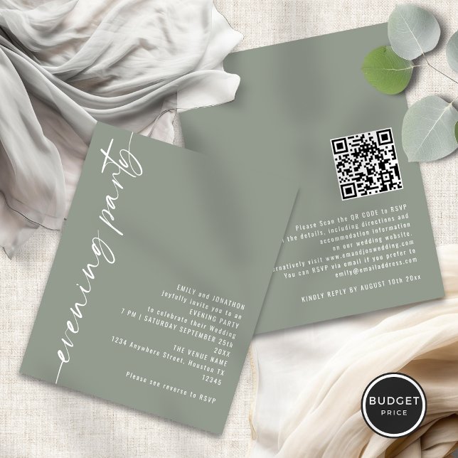 Budget Calligraphy QR Sage Wedding Abend Party (Front and back view)