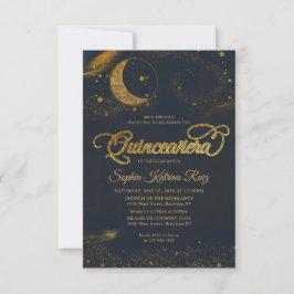 Budget Celestial Blue Gold Star Moon Quinceanera Mitteilungskarte