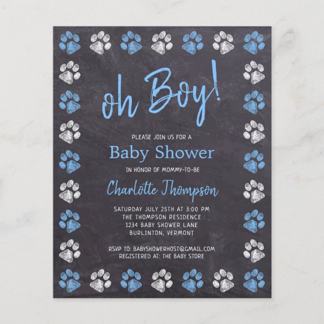 Budget Chalkboard Paw Prints Blue Boy Baby Dusche (Vorderseite)