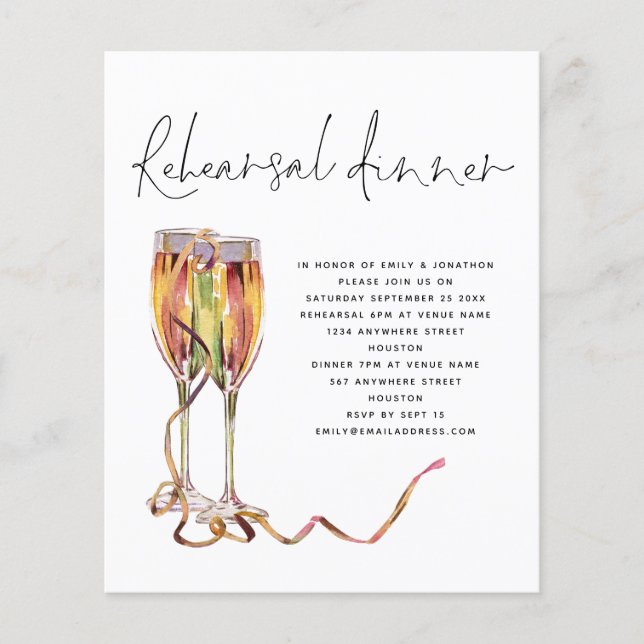 Budget Champagne Script Hochzeit Probe Dinner (Vorderseite)
