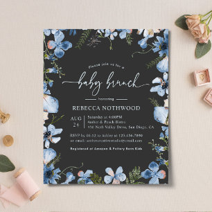 Budget Charcoal Blue Floral Baby Brunch Einladung