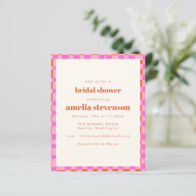 Budget Checker Pink Orange Bridal Shower Invite (Stehend Vorderseite)