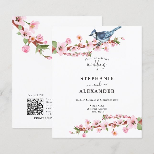 Budget Cherry Blossom Blue Bird QR Hochzeit Einlad (Vorne/Hinten)