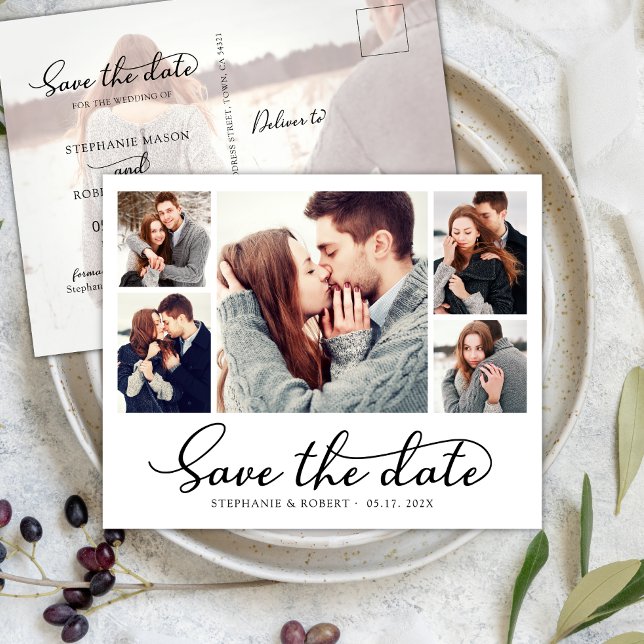 Budget Chic 5 Foto Collage Wedding Save the Date Ankündigungspostkarte (Von Creator hochgeladen)
