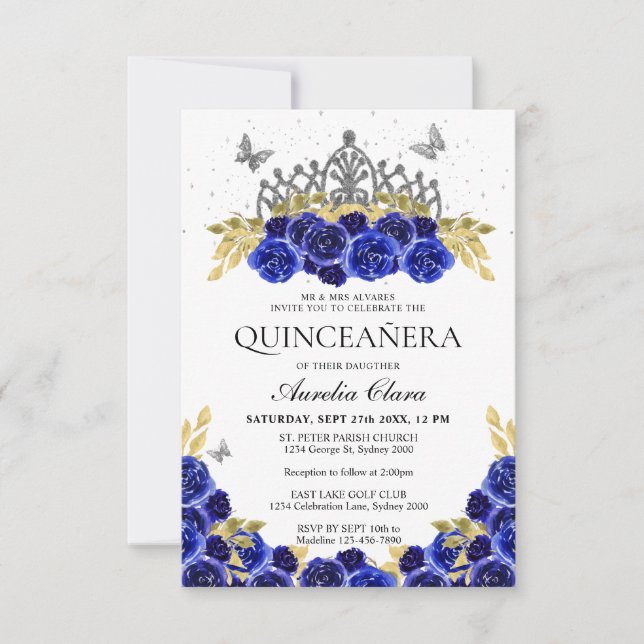 Budget Chic Blue Floral Silver Tiara Quinceanera Mitteilungskarte (Vorderseite)