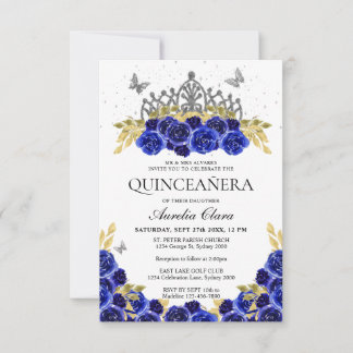 Budget Chic Blue Floral Silver Tiara Quinceanera Mitteilungskarte