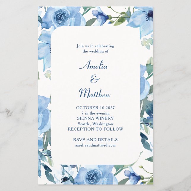 Budget Chic Blue Watercolor Blumen Hochzeit einlad (Vorderseite)