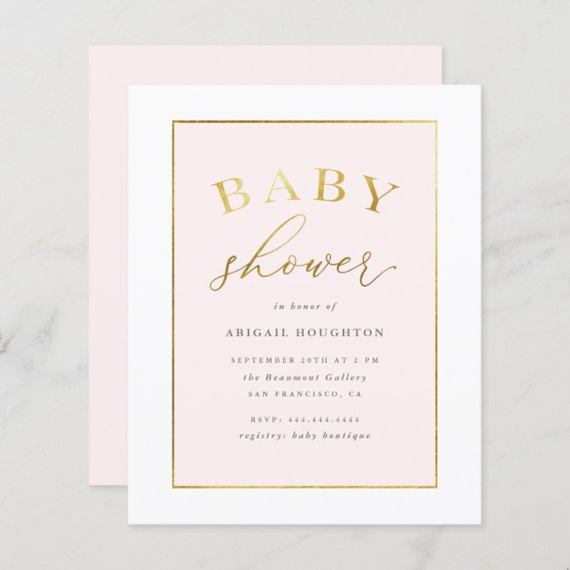 Budget Chic Blush Pink Gold Typografie Baby Dusche (Vorne/Hinten)