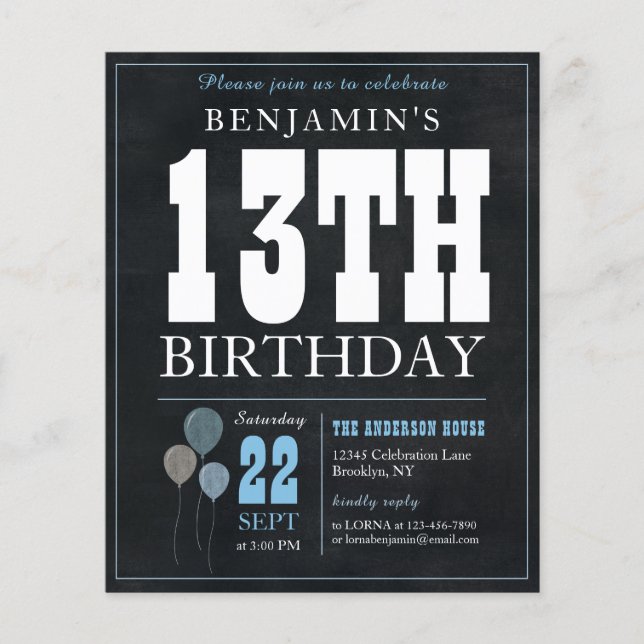 Budget Chic Chalkboard Blue Balloon 13. Geburtstag (Vorderseite)