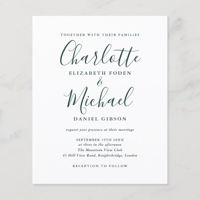 Budget Chic Emerald Script Einladung (Vorderseite)