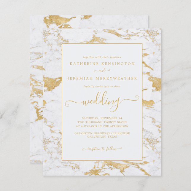 Budget Chic Gold Foil Marmor Hochzeit Einladung (Vorne/Hinten)